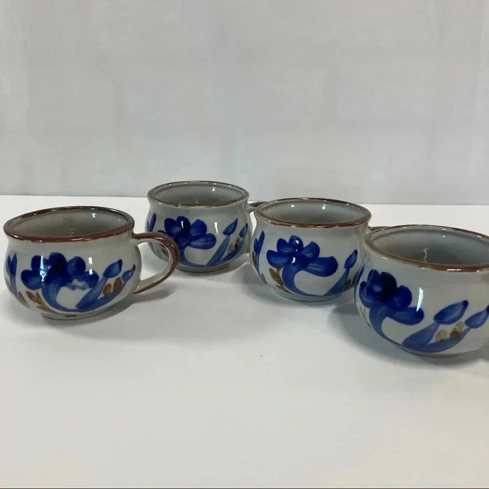 Hand painted Artisan Coffee Mugs Blue Floral Small Set of 4